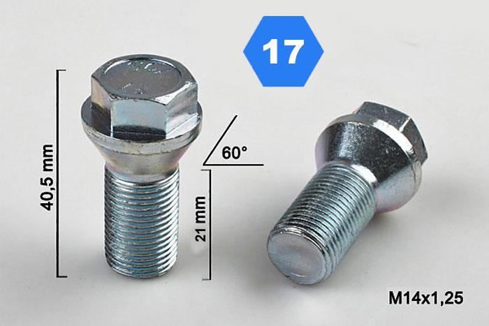 M14x1,25 Wielbout conisch lage kop, Draadlengte 21mm, SW 17
